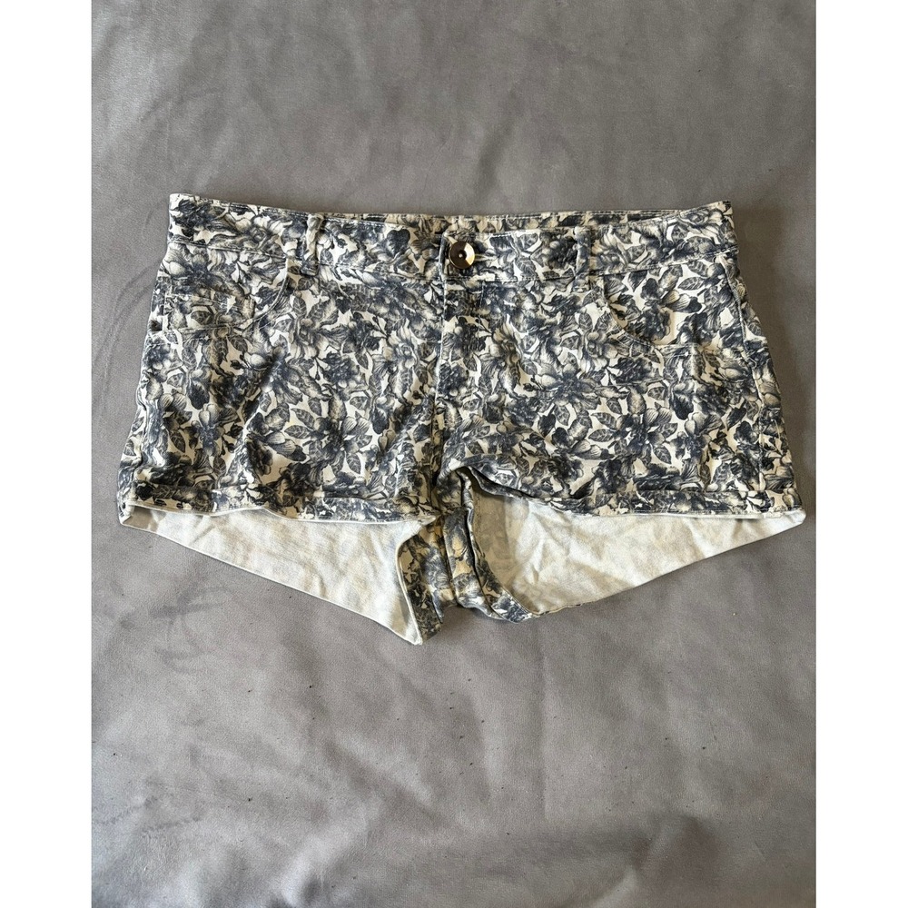 HM Floral Denim Shorts Womens Size 10 Gray Cream Botanical Print Cotton Blend